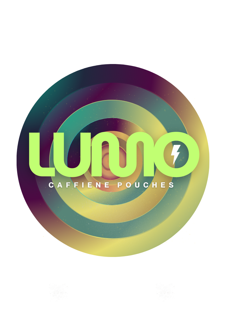 Close-up shot of a single brown LUMO Coffee caffeine pouch on a clean white background.