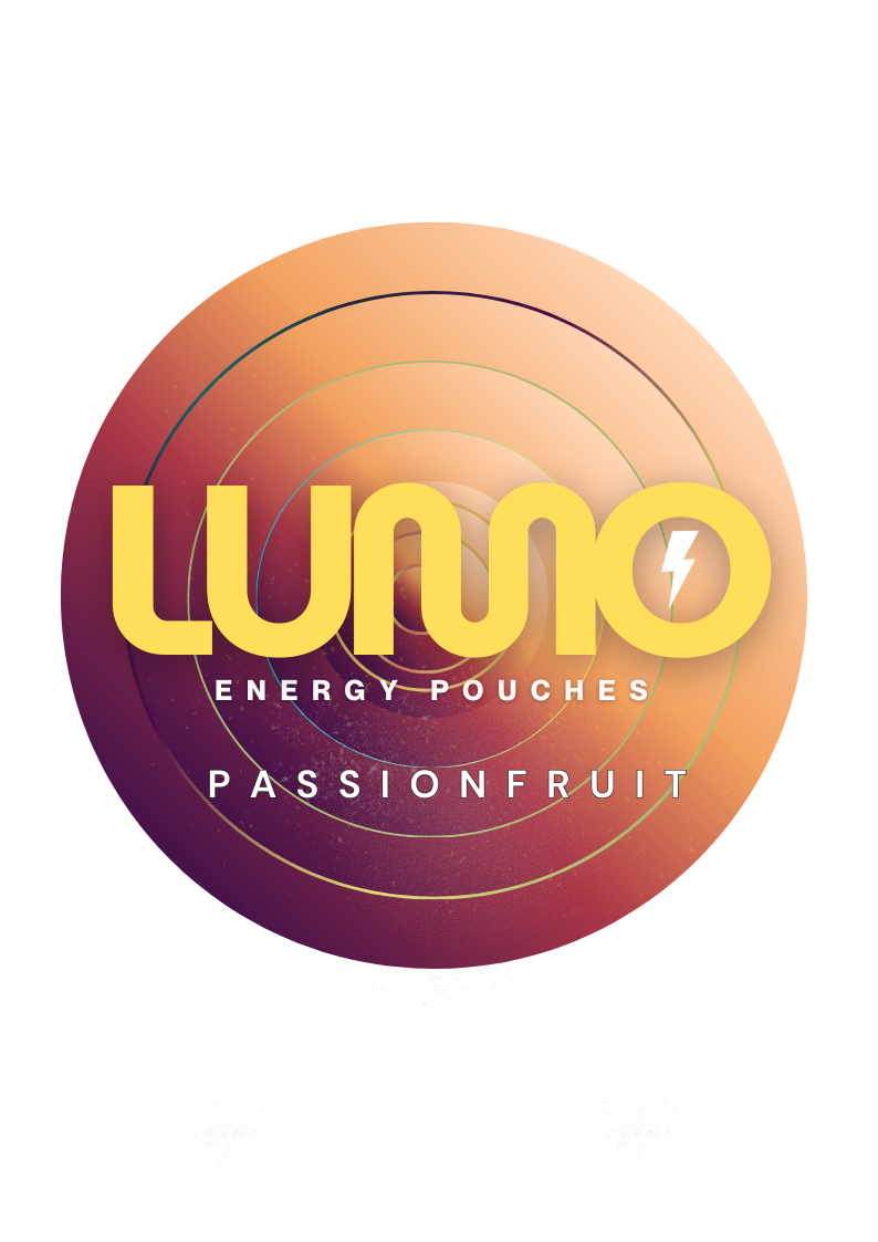 Bright, yellow and orange LUMO Passion Fruit caffeine pouch next to fresh, halved passion fruit.