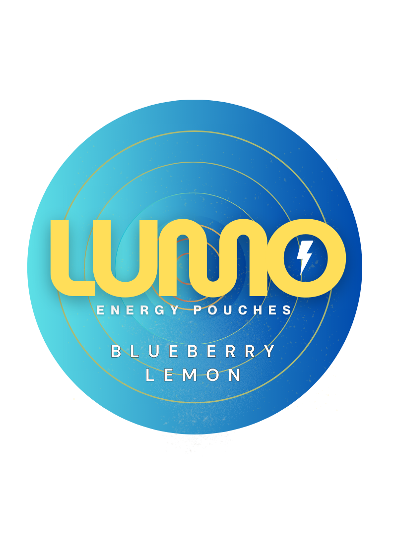Three bright blue LUMO Blueberry Lemon caffeine pouches inspired by fresh blueberries and lemon slices.