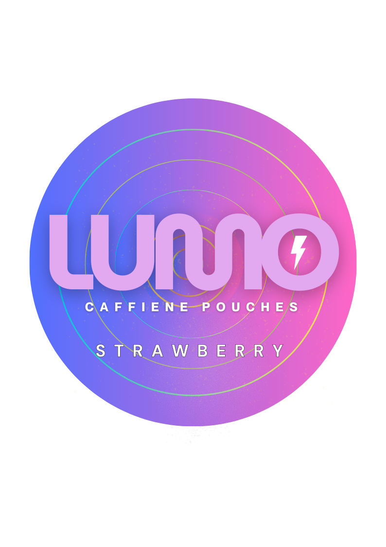 A clean, pink LUMO Strawberry caffeine pouch next to two fresh, ripe strawberries.