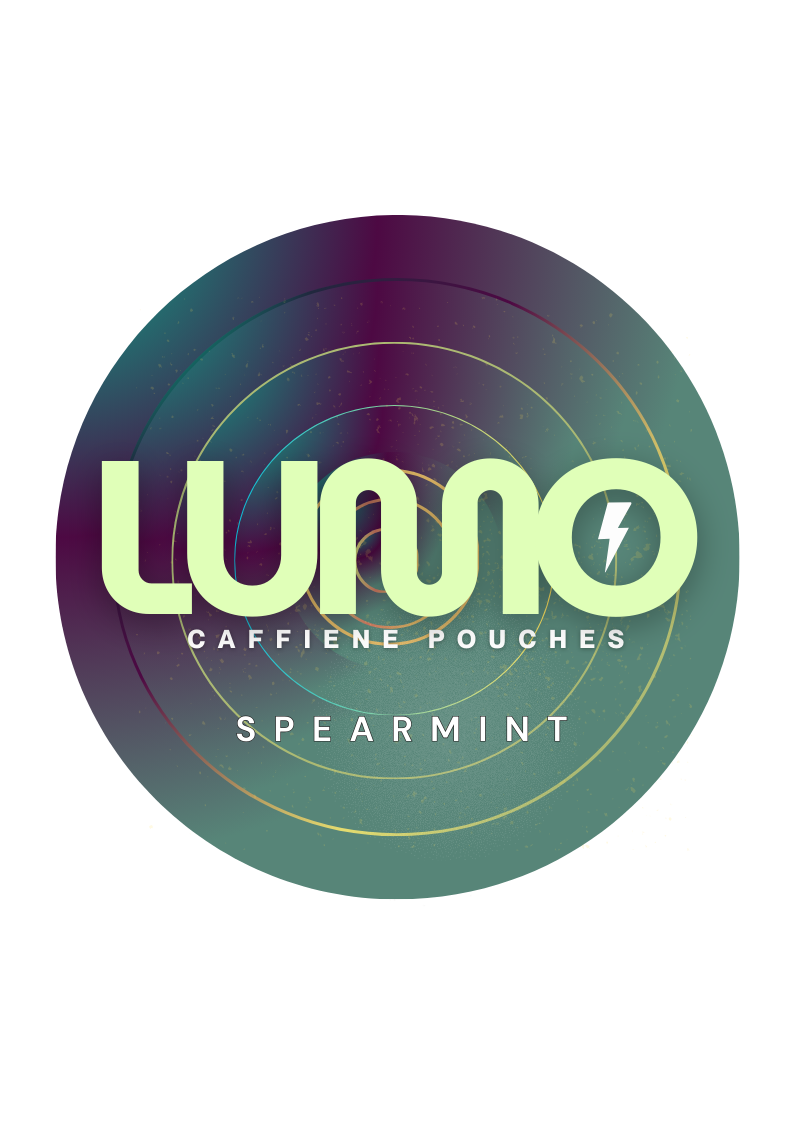A white LUMO Spearmint caffeine pouch inspired by a few fresh green spearmint leaves.
