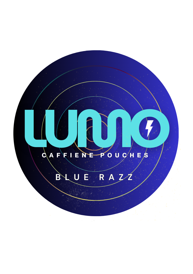 A vibrant blue LUMO Blue Razz caffeine pouch with a stylized bolt of blue energy.